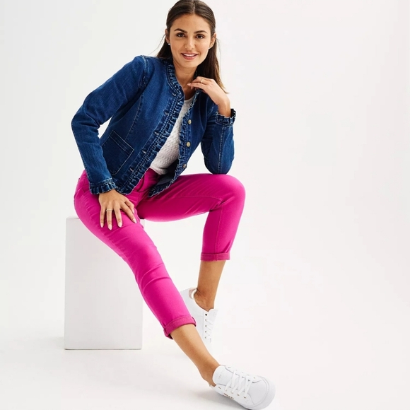 Draper James Blue Jean Jacket Ruffled Floral Buttons Spring Coat Denim - Picture 14 of 15